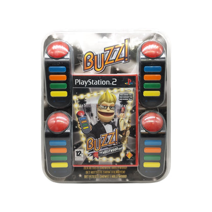 Forseglet pakke: "Buzz! The Hollywood Quiz" + 4 stk. kontrollere - PlayStation 2