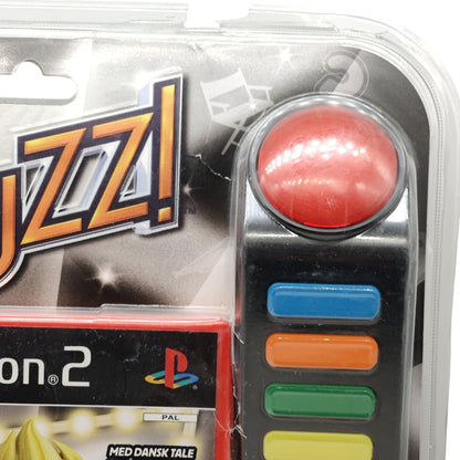 Forseglet pakke: "Buzz! The Hollywood Quiz" + 4 stk. kontrollere - PlayStation 2