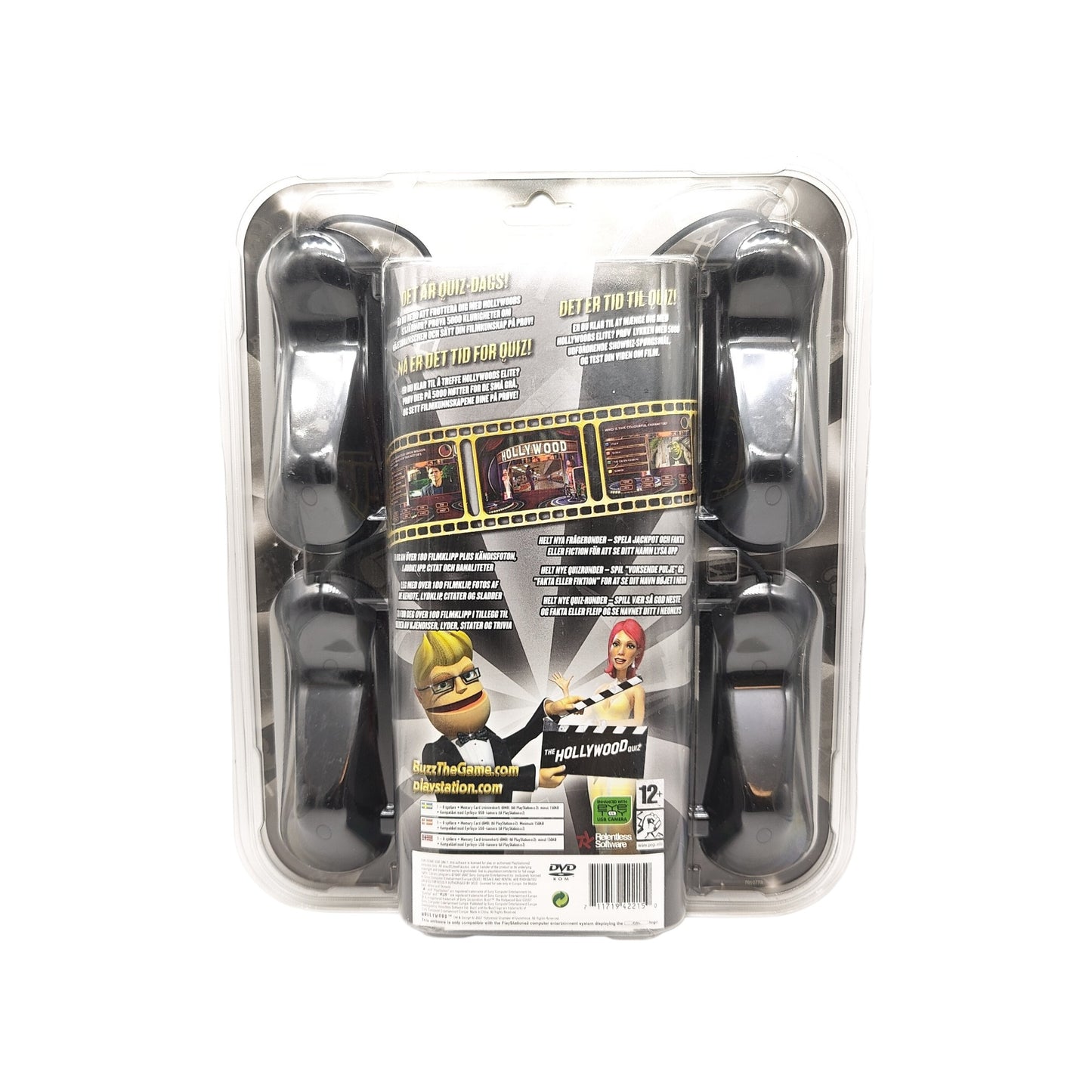 Forseglet pakke: "Buzz! The Hollywood Quiz" + 4 stk. kontrollere - PlayStation 2